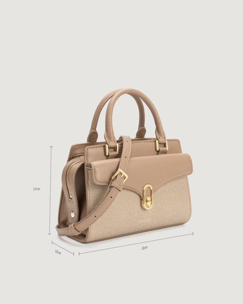Women's beige leather handbag with a classic design