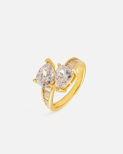 A women's gold-colored ring adorned with zircon stones