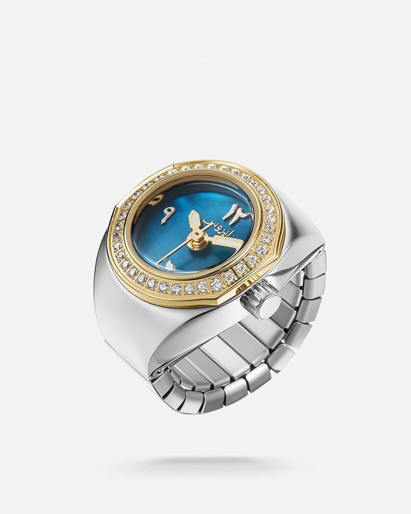 Women's ring watch with an eye-catching design in gold and silver