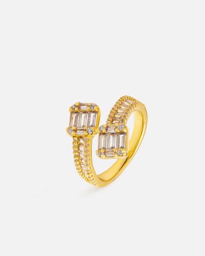 A women's gold-colored ring adorned with zircon stones