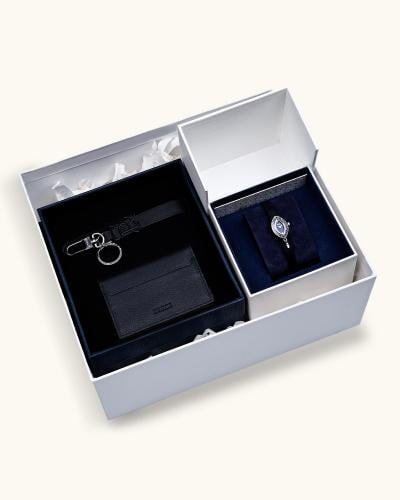 A women's gift set including a watch, wallet, and keychain