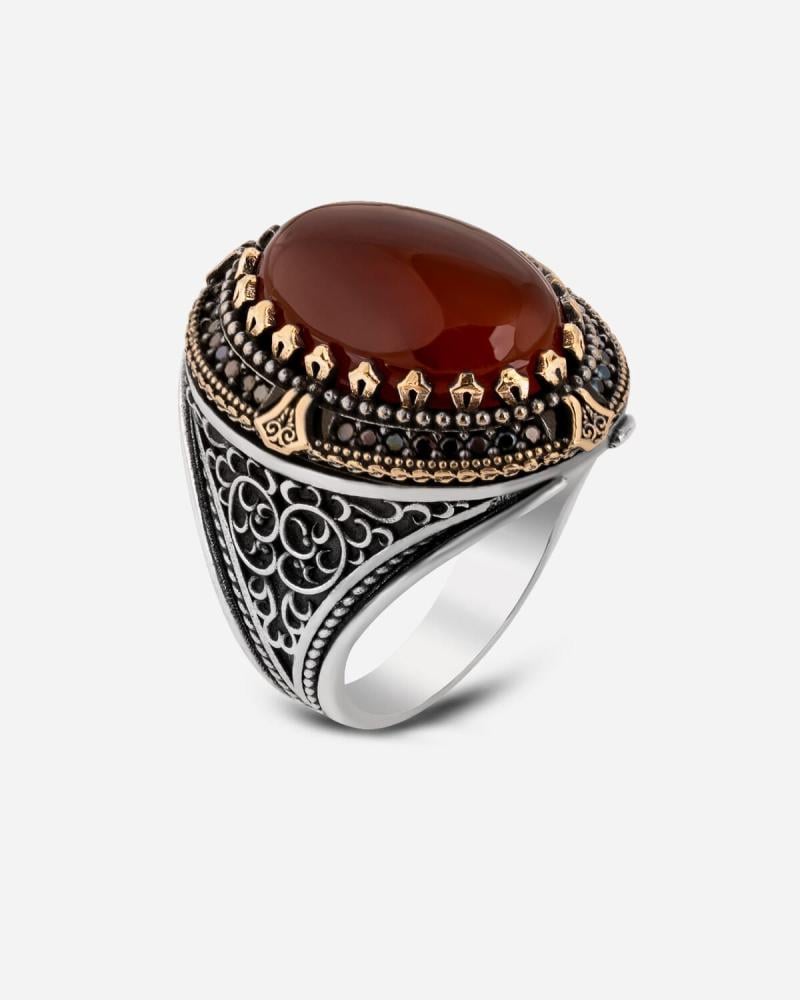 خاتم رجالي فاخر من الفضة بحجر عقيق