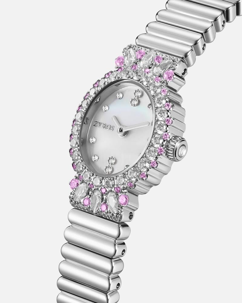 A women's watch with a distinctive design in silver.
