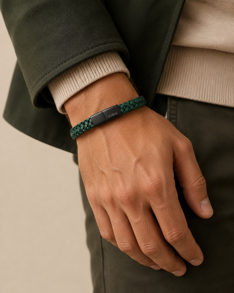 Wide men's bracelet with a modern design in green | Zyros