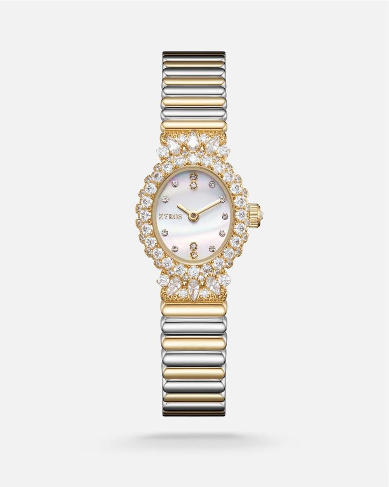 A women's watch with a distinctive design in gold and silver.