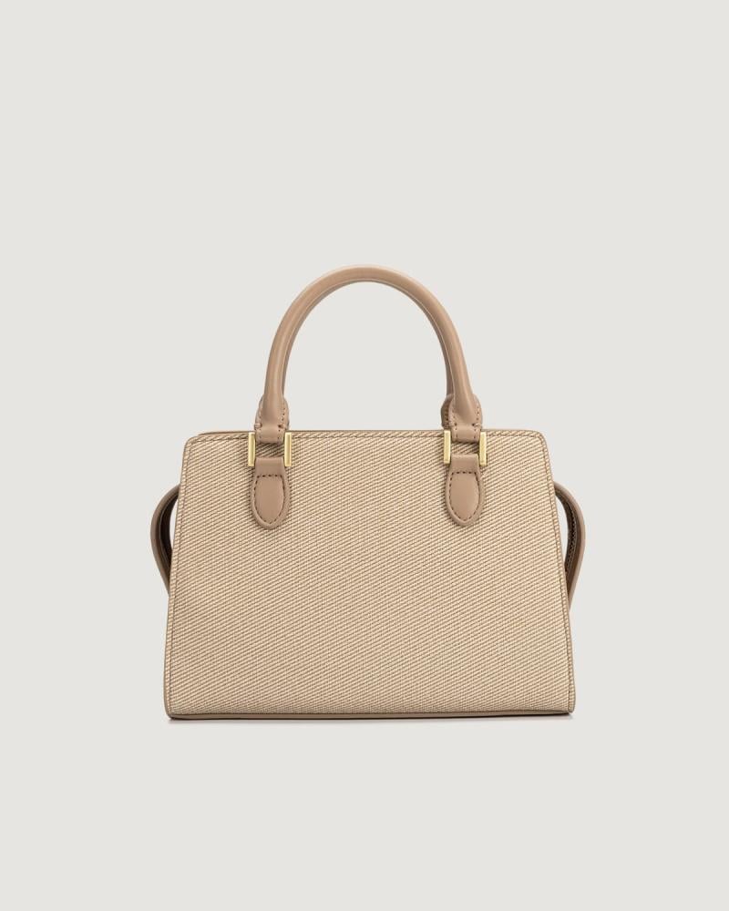Women's beige leather handbag with a classic design