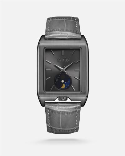 A men's watch that embodies elegance with a gray leather strap.