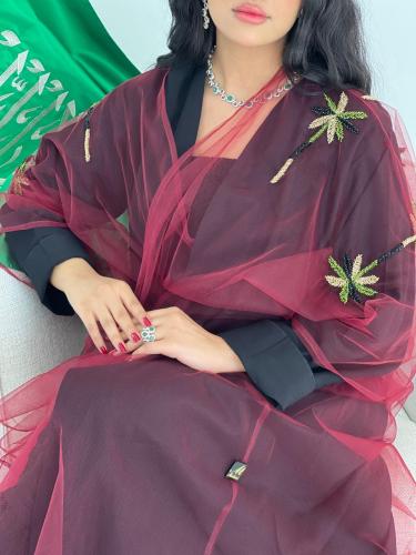 عباية عملية طبقتين اسود وتل عنابي مع شك