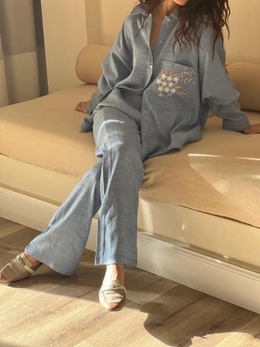 طقم لنن ازرق