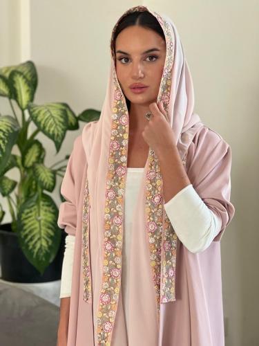 عباية كريب قطن بينك مع أكمام استريتش