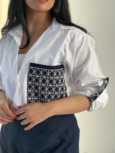 طقم لنن البنطلون كحلي والقميص سكري