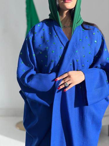 عباية مميزة القصة بشت القماش لنن ازرق مع شك اخضر