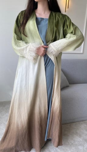 عباية صيفية باردة القماش لنن زيتي مع بني وريش على الاكمام