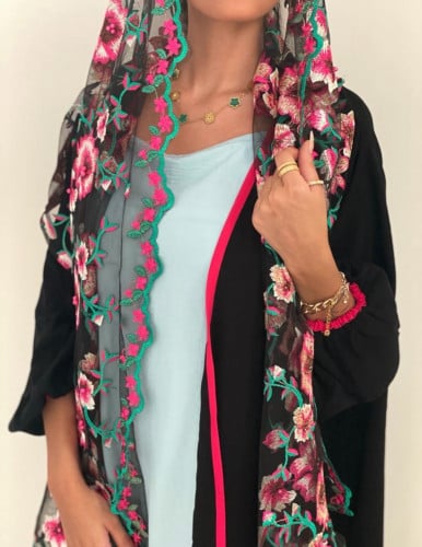 عباية صيفية باردة حرير اسود مع طرحة مشجرة