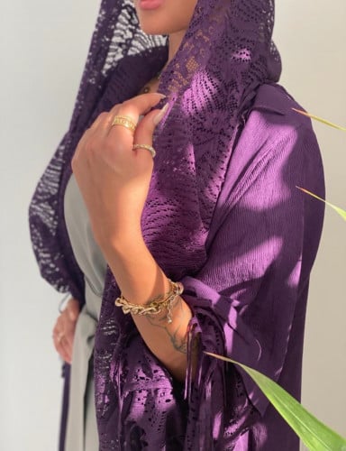 عباية عملية القماش مكسر موف والاكمام هدب موف مع الطرحة