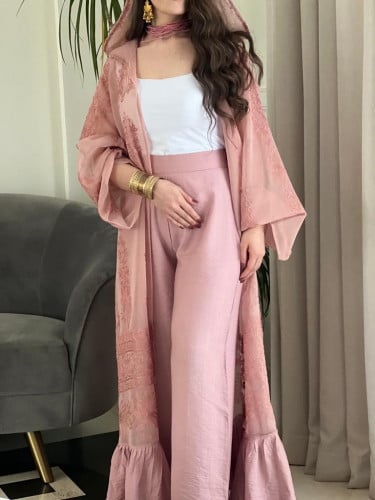جلابية عملية القماش لنن وردي قطعتين ( جلالبية وبنطلون)