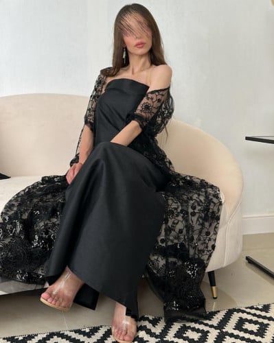 فستان فاخر اللون اسود مع تل مطرز  اسود