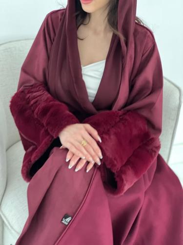 فروة مميزة القماش شامواه عنابي مع فرو