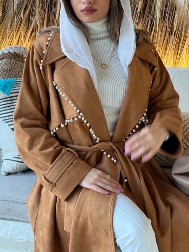 عباية شتوية فاخرة القماش شامواة بني مع شك لولو