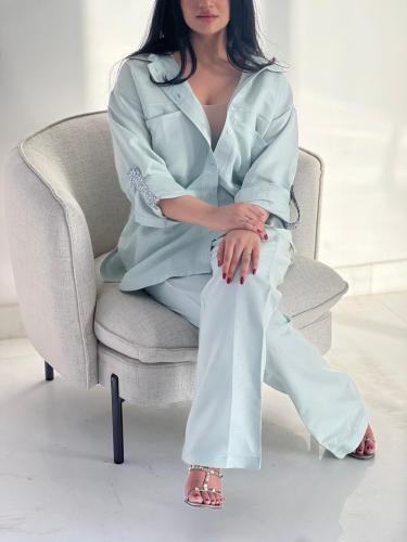 طقم لنن اخضر فاتح