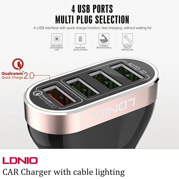 شاحن سيارة سريع  و جودة عالية بأربع منافذ USB وسلك شاحن ايفون