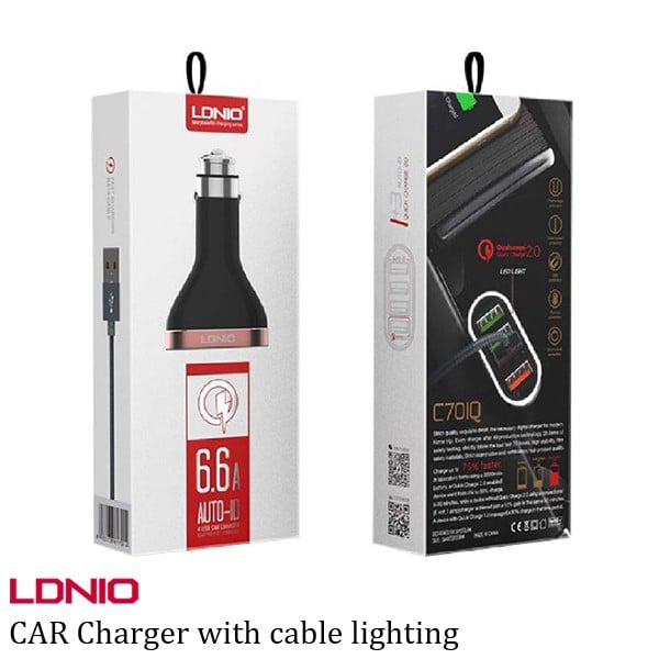 شاحن سيارة سريع  و جودة عالية بأربع منافذ USB وسلك شاحن ايفون