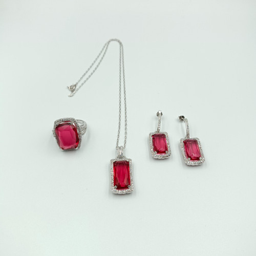 طقم مرصع بكرستال أحمر فضة صافي عيار 925