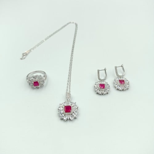 طقم مرصع بكرستال أحمر فضة صافي عيار 925