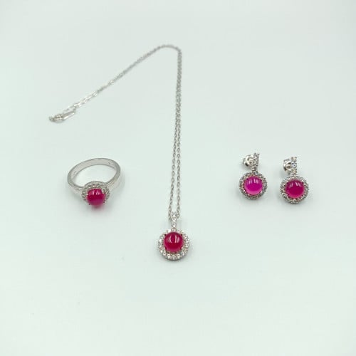 طقم مرصع بكرستال أحمر فضة صافي عيار 925