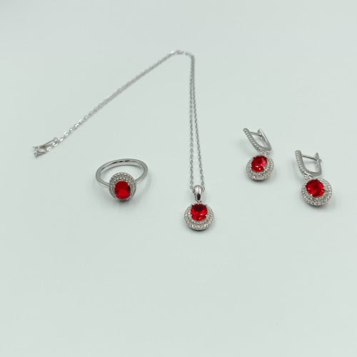 طقم نسائي بالكرستال الأحمر فضة صافي عيار 925