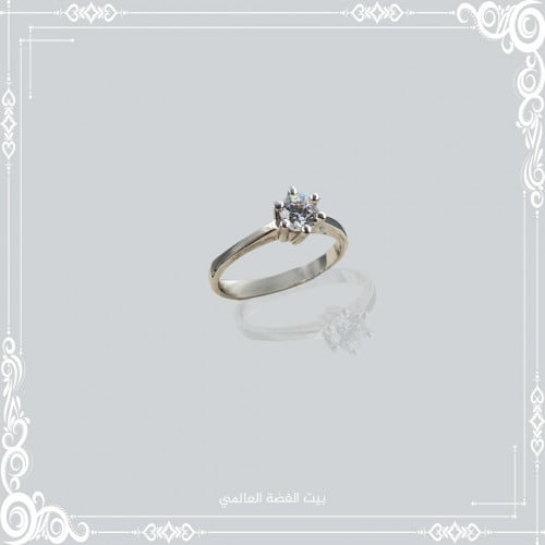 خاتم سوليتر فضة صافي عيار 925 مع فص سوارفيسكي