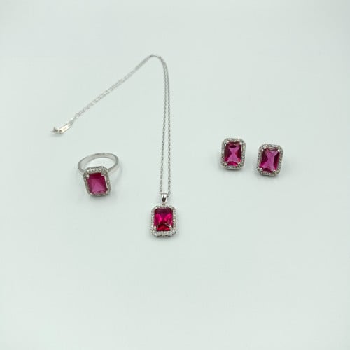 طقم مرصع بكرستال أحمر فضة صافي عيار 925