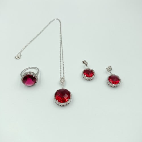 طقم مرصع بكرستال أحمر فضة صافي عيار 925