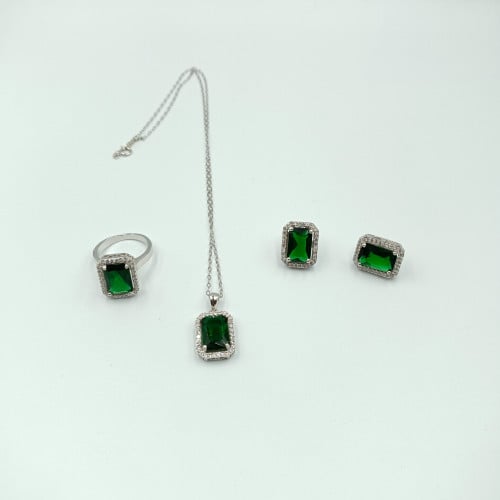 طقم مرصع بفصوص كرستال أخضر فضة صافي عيار 925