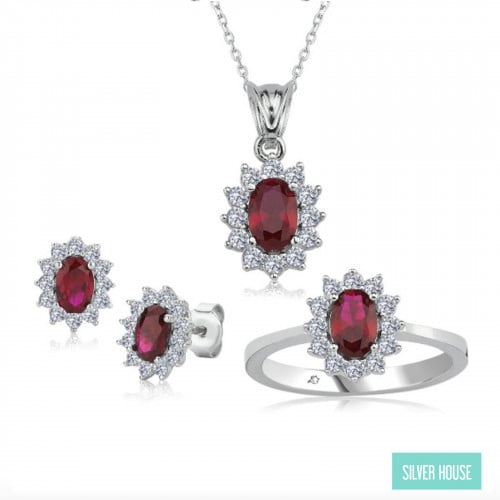 طقم ناعم فضة صافي عيار 925 فصوص أحمر
