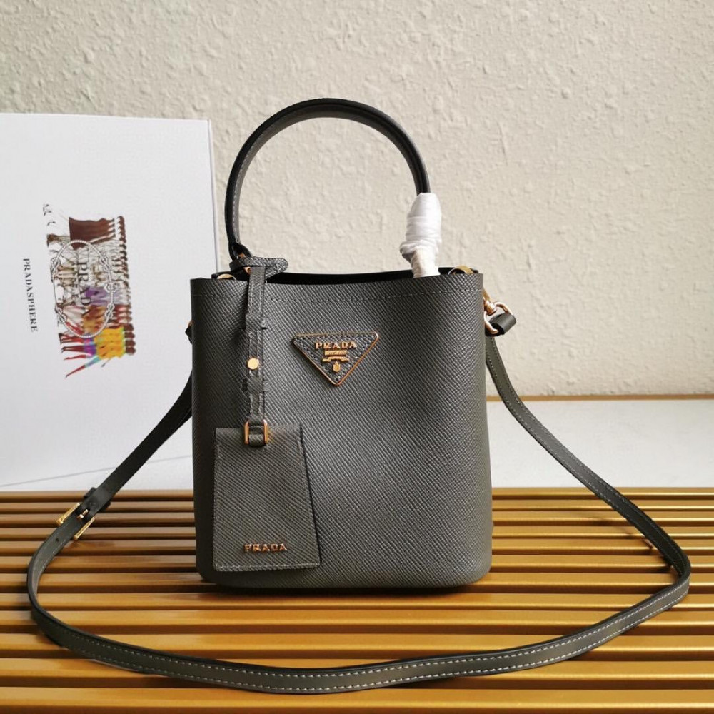 Slate/black Small Saffiano Leather Prada Panier Bag