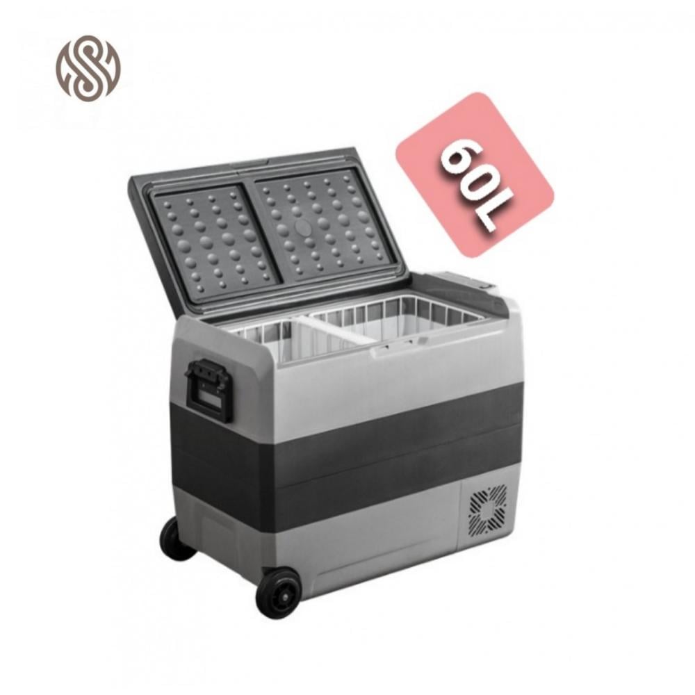 ثلاجة 60 لتر مع سلال محمولة 12 فولت 24 فولت صندوق تبريد كهربائي للتخييم و سيارة و شاحنة مقبس قارب USB / شريط تلسكوبي / عجلات
