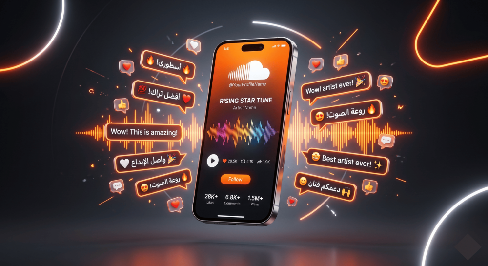 تصميم ثلاثي الأبعاد يعرض شاشة هاتف ذكي تفتح تطبيق ساوند كلاود، وتحيط ب