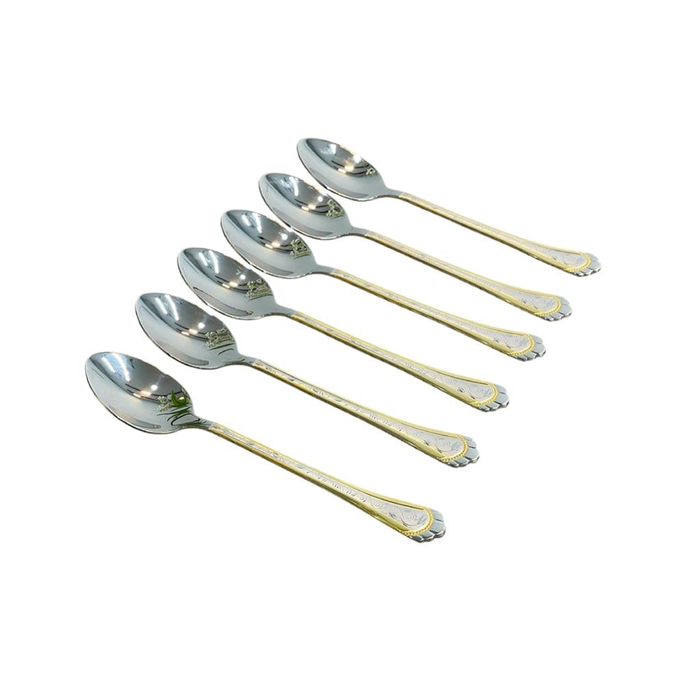 طقم ملاعق حلا حفر ليزر ذهبي فضي 6 قطع