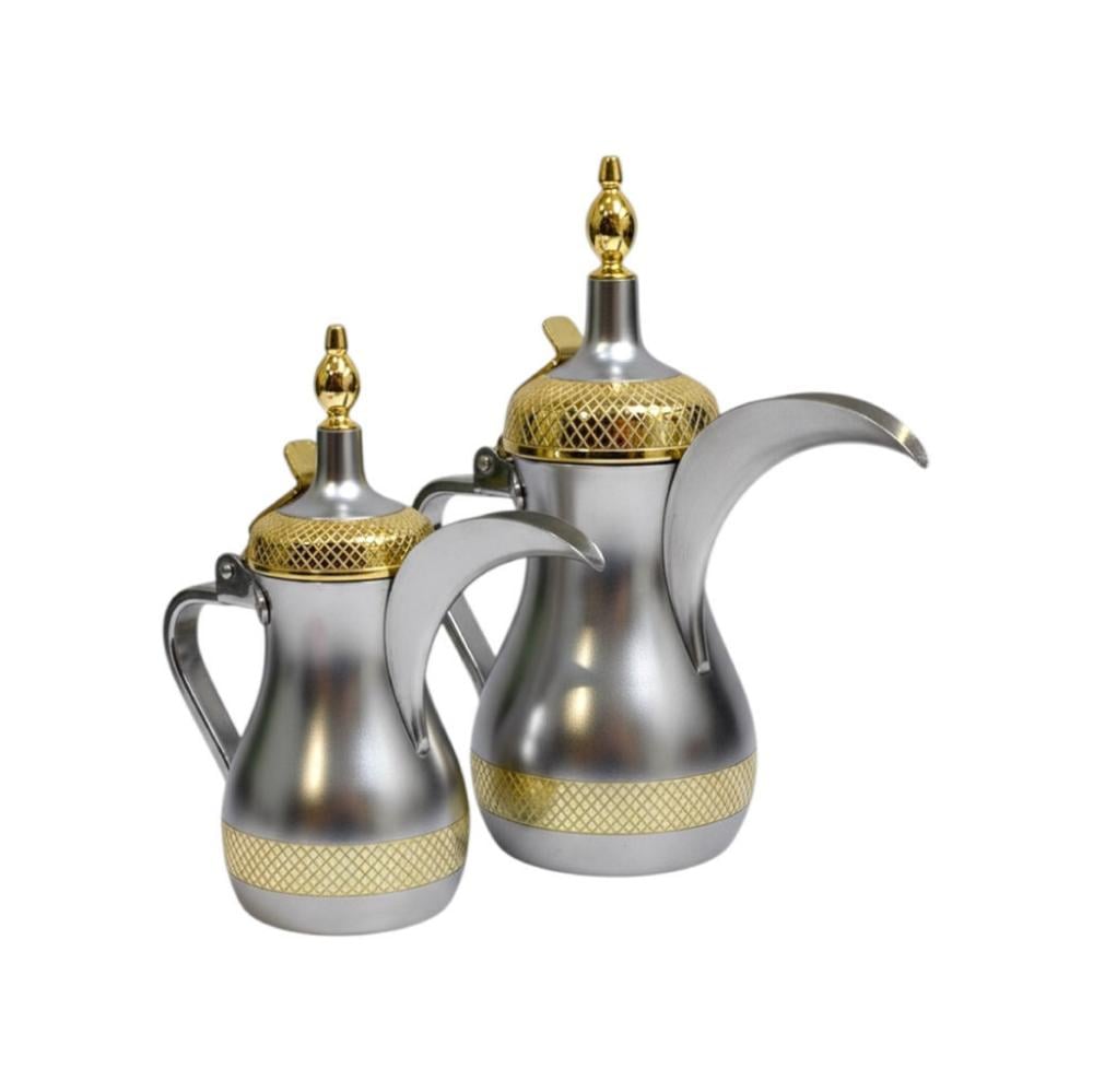 دلة قهوة ستانلس ستيل فضي مزين بذهبي