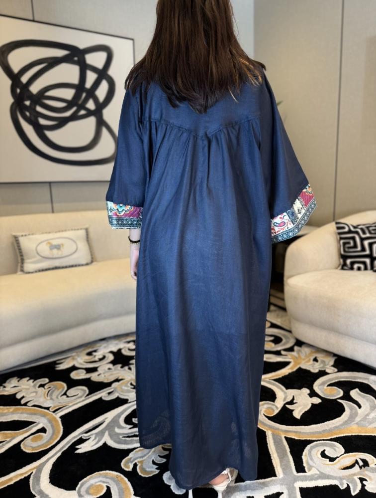 جلابية لنن هندي لون كحلي-متجر جلابيات فاشن للأزياا الراقية