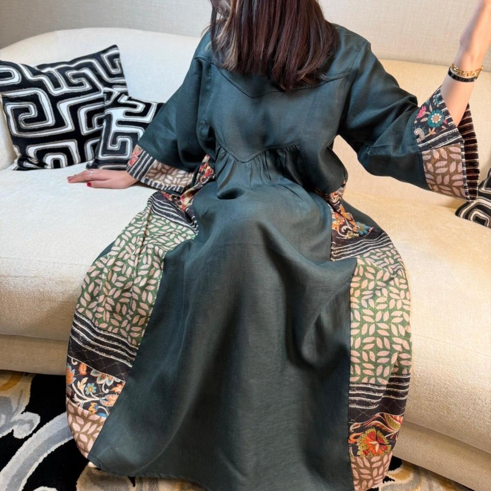 جلابية لنن هندي لون زيتي-متجر جلابيات فاشن للأزياء الراقية