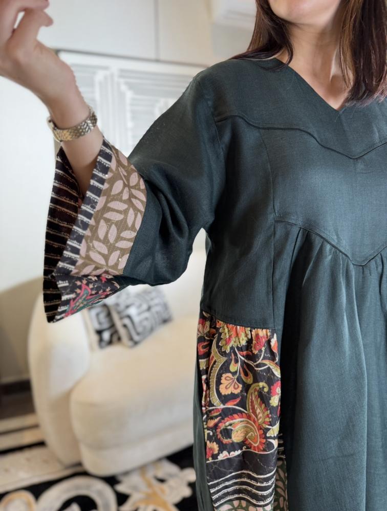 جلابية لنن هندي لون زيتي-متجر جلابيات فاشن للأزياء الراقية