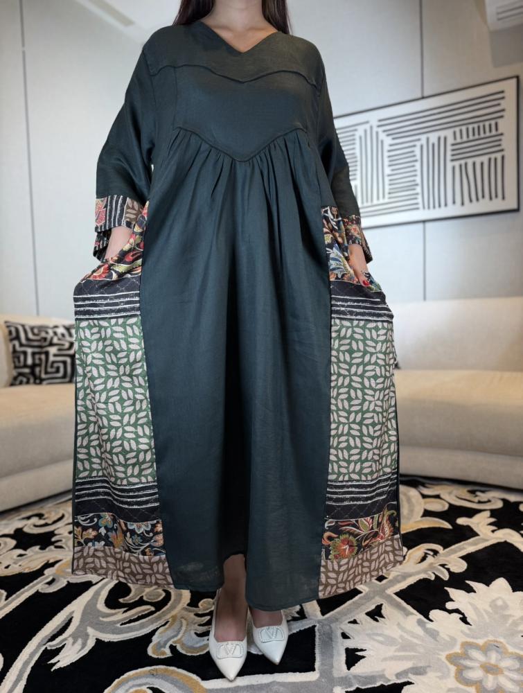 جلابية لنن هندي لون زيتي-متجر جلابيات فاشن للأزياء الراقية