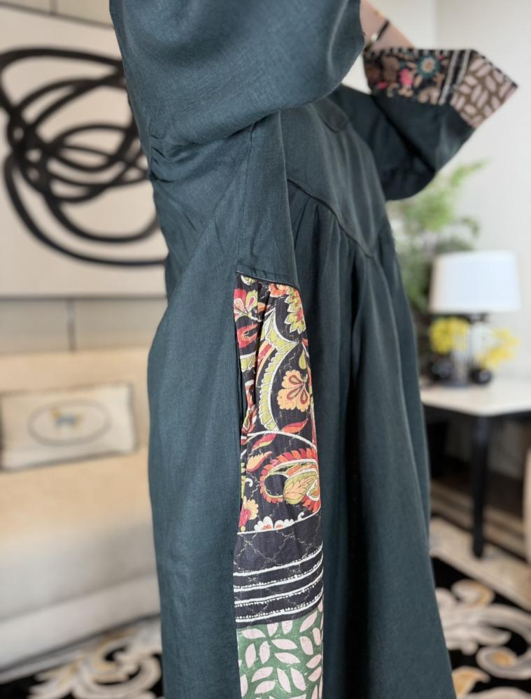 جلابية لنن هندي لون زيتي-متجر جلابيات فاشن للأزياء الراقية