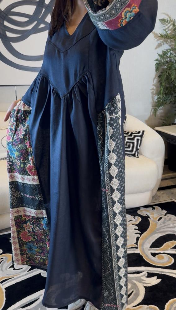 جلابية لنن هندي لون كحلي-متجر جلابيات فاشن للأزياا الراقية