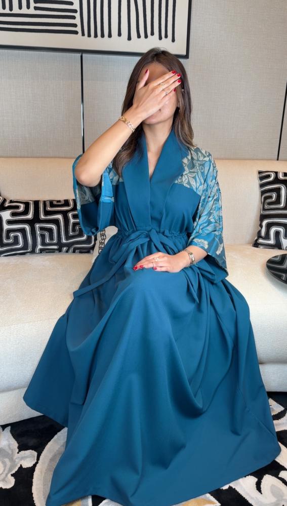 جلابية فستان ربطة عالخصر لون تركواز-متجر جلابيات فاشن للأزياء الراقية