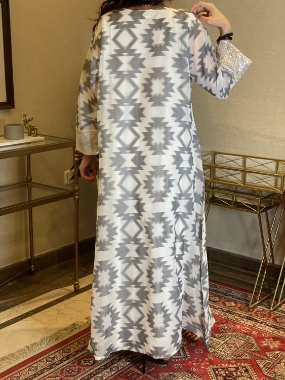 جلابية خيش رمادي بكرستال-متجر جلابيات فاشن للملابس النسائية