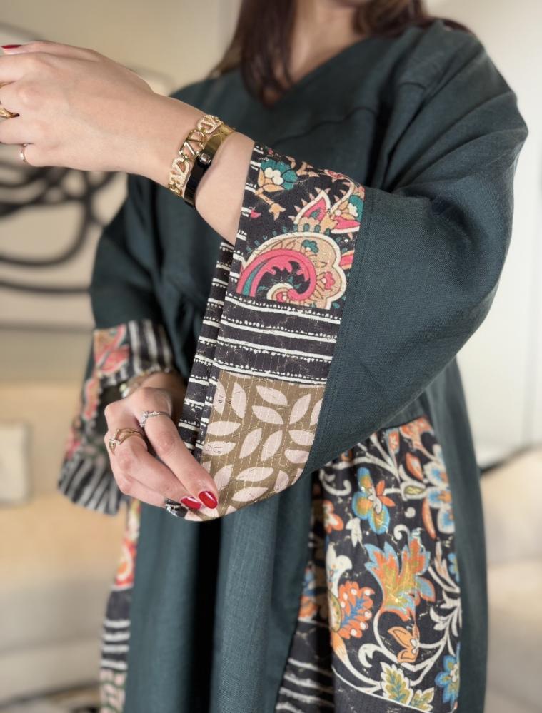 جلابية لنن هندي لون زيتي-متجر جلابيات فاشن للأزياء الراقية