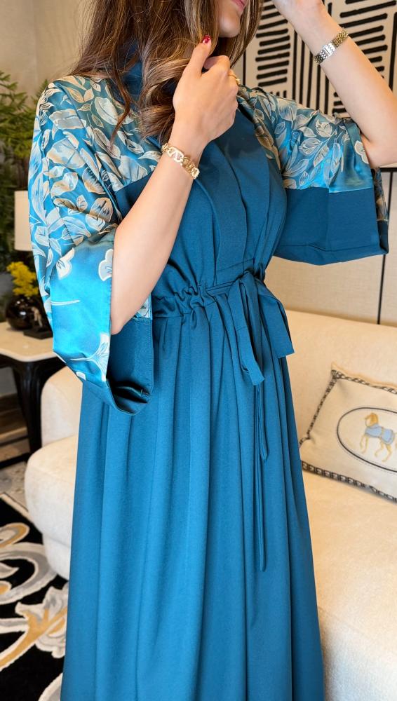 جلابية فستان ربطة عالخصر لون تركواز-متجر جلابيات فاشن للأزياء الراقية